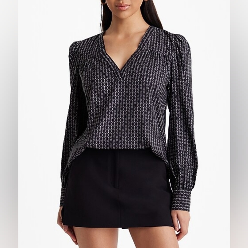 NWT Express Printed V-Neck Long Sleeve Gathered Front Top